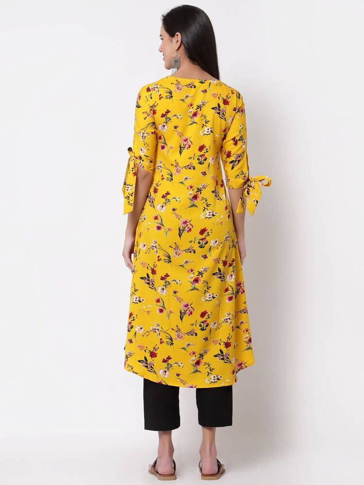 Myshka Women's Crepe Printed Half Sleeve V - Neck Casual Yellow Kurta | Grocsy