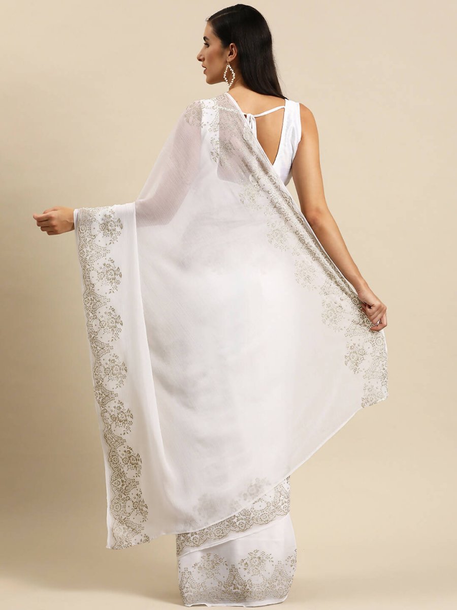 Ahalyaa Women's Traditional Semi Stitch Saree - White | Grocsy