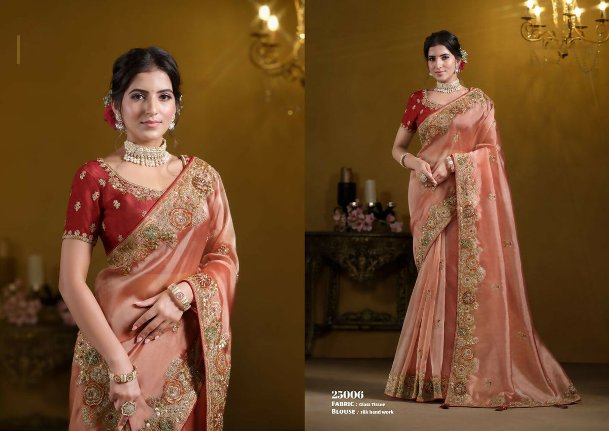 Orange Pure Twill Tissue Pure Khatli work Designer Saree With Blouse. - Rajasvi | Grocsy