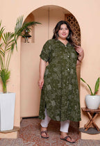Miravan Womens Plus Size Pure Cotton Floral Printed Green Button Down A-Line Midi Dress | Grocsy