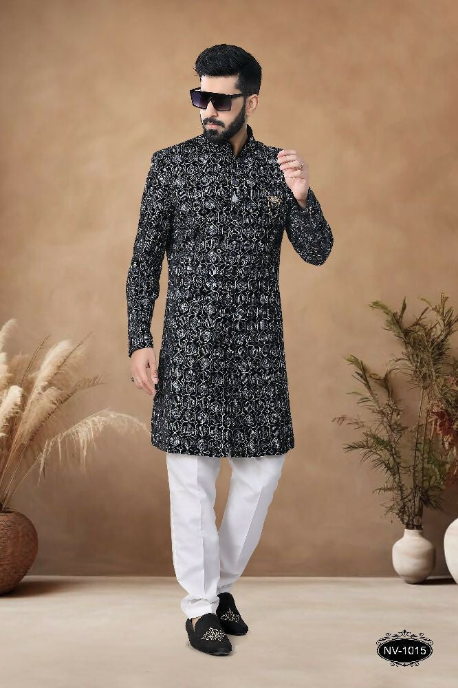 Joban Fashion Men's Black Base White & Blue Straight Velvet Thread & Sequence Embroidery All Over Indo-Western Kurta Set | Grocsy