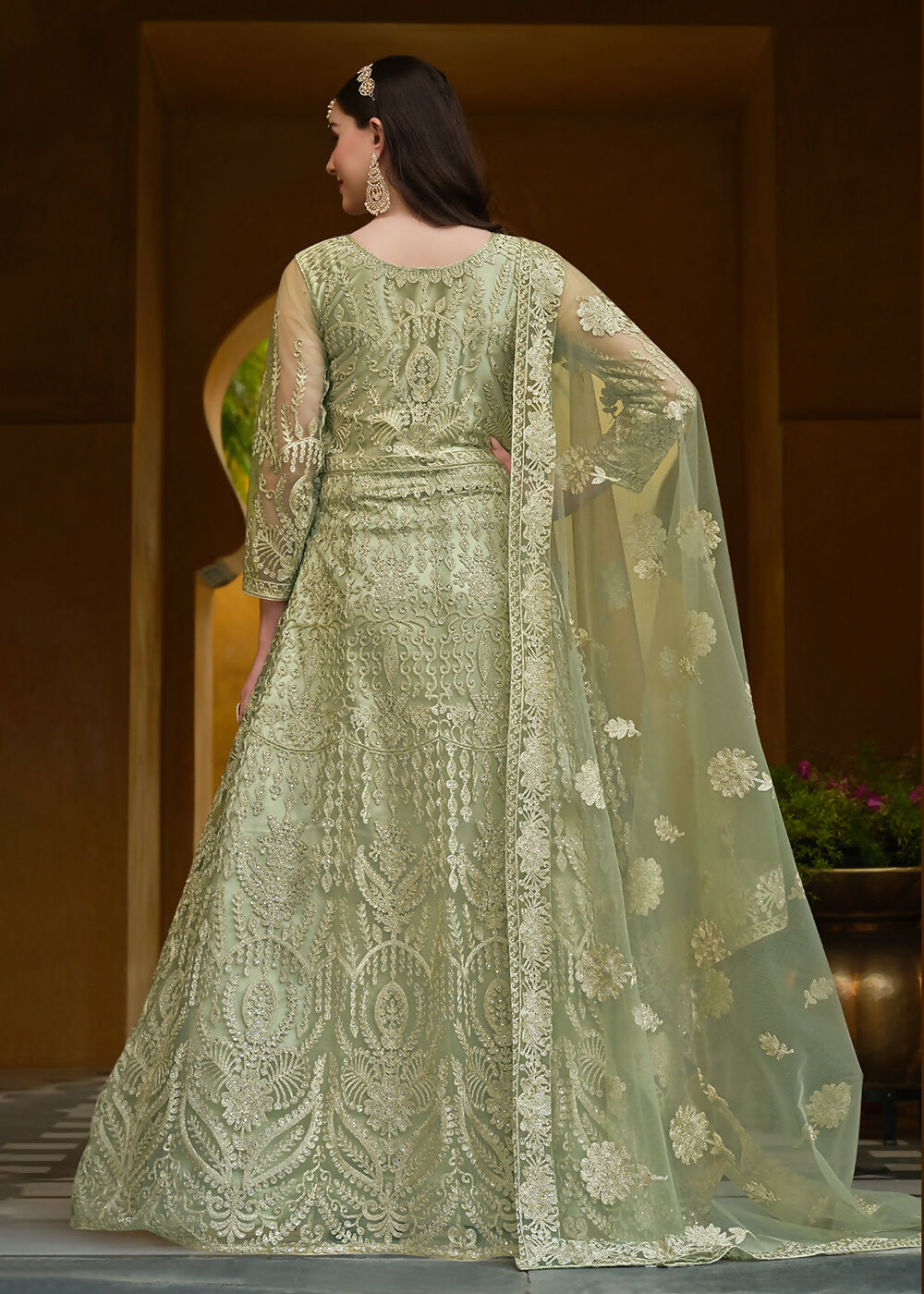 Pista Green Pure Butterfly Net Wedding Wear Anarkali Suit - Emponline | Grocsy