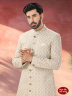 Joban Fashion Men's Beige Straight Swed Velvet Thread And Sequence Embroidary All Over Indo-Western Kurta Set | Grocsy