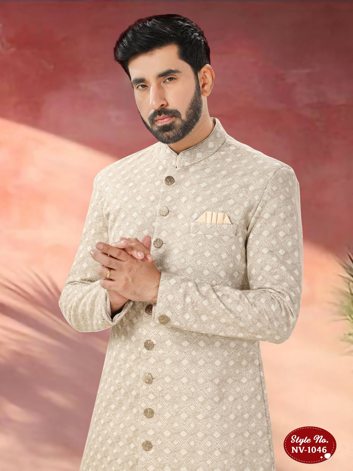 Joban Fashion Men's Beige Straight Swed Velvet Thread And Sequence Embroidary All Over Indo-Western Kurta Set | Grocsy