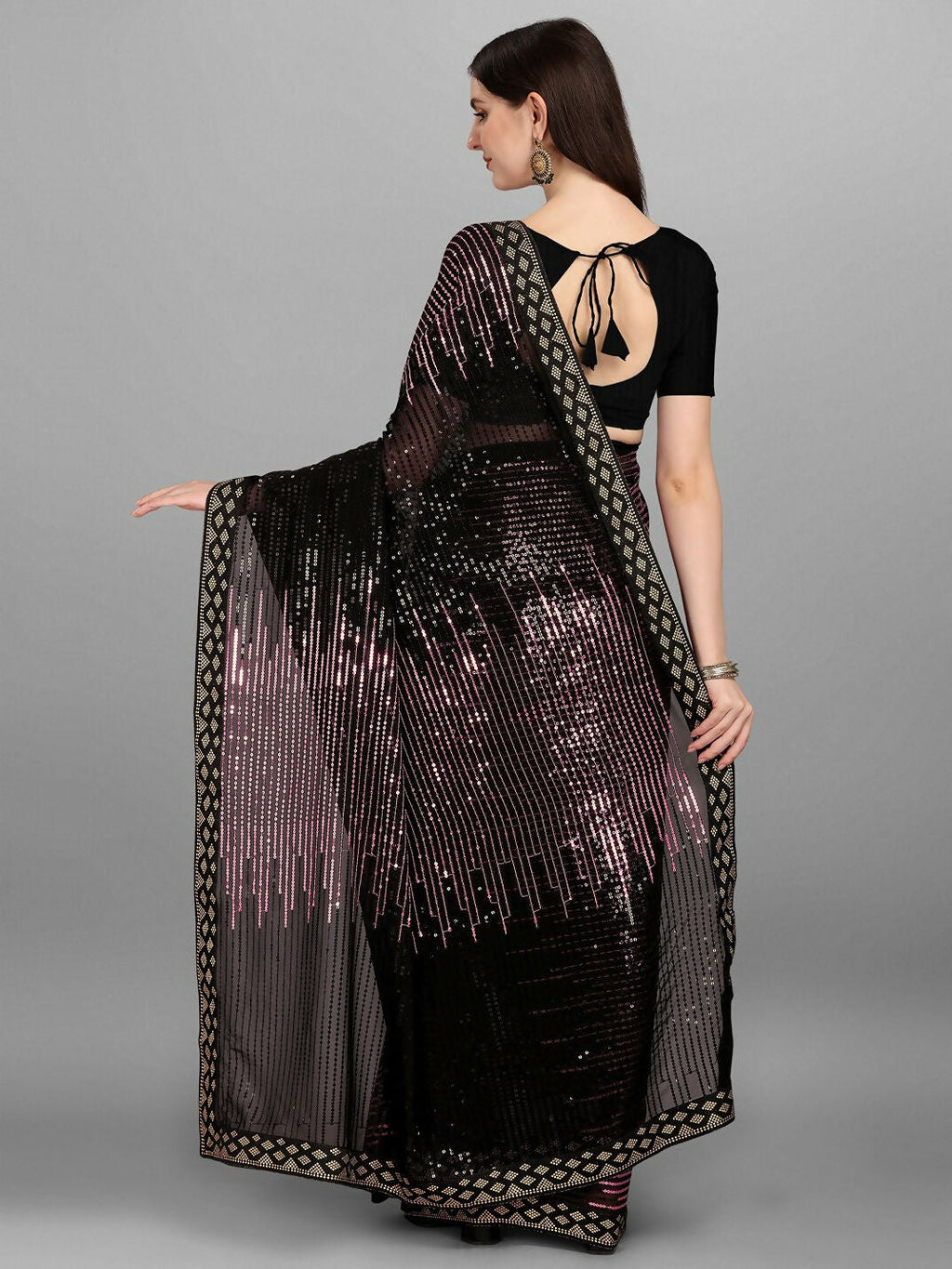 Vegaa Fashion Black Georgette Embroidered Party Wear Saree | Grocsy
