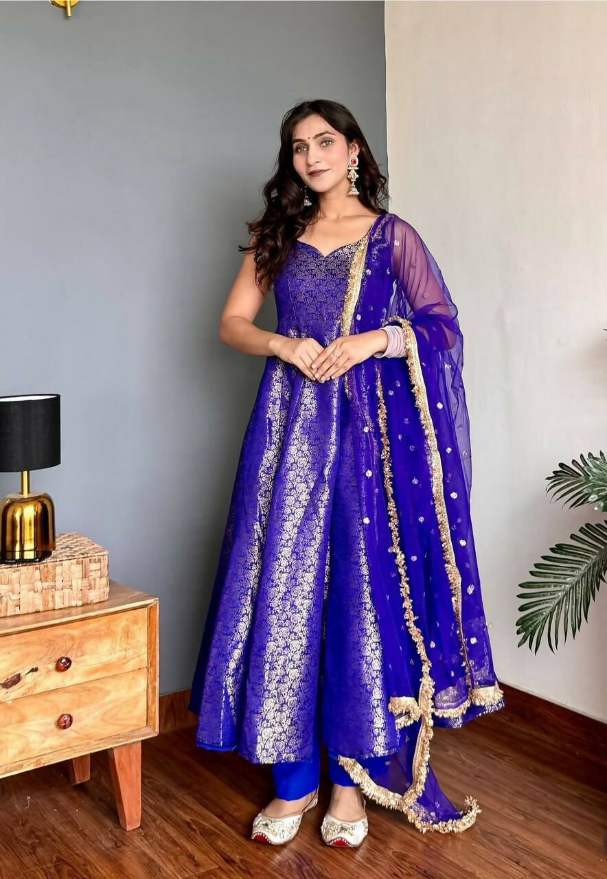 Lehenga Mart Designer Anarkali Suit With Kurta Bottom Dupatta For Women-Blue | Grocsy