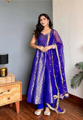 Lehenga Mart Designer Anarkali Suit With Kurta Bottom Dupatta For Women-Blue | Grocsy