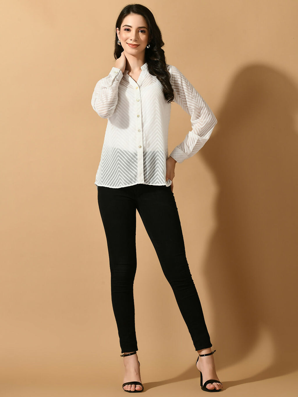 Myshka Women's White Georgette Solid Sheer Shirt | Grocsy