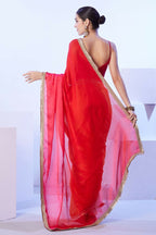 Red Satin Moss Solid Designer & Lace Work Saree - Samaa | Grocsy
