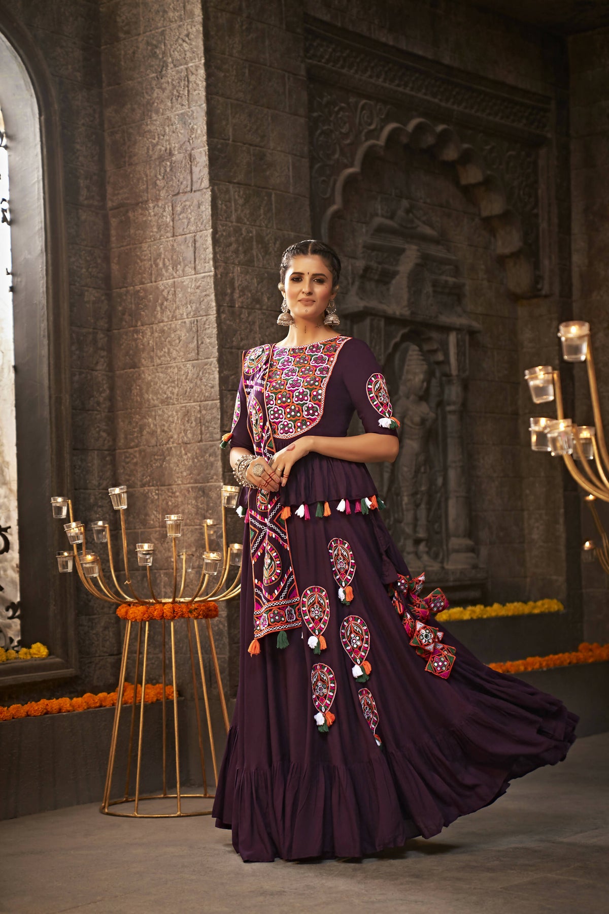 Purple Viscose Rayon Thread Embroidered Navratri Lehenga Choli with Dupatta - Raas | Grocsy
