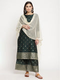 Ahalyaa Dark Green Gold Print Kurta Palazzo Set With Dupatta | Grocsy