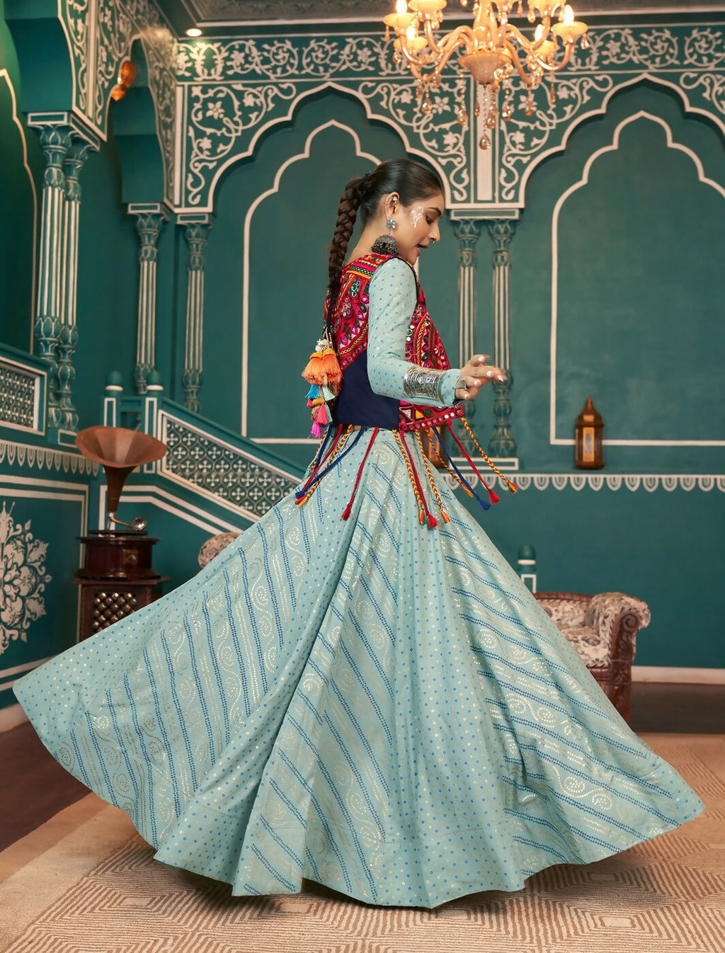 AI Fashion Pista Green Viscose Rayon Designer Navratri Lehenga Choli Collection | Grocsy