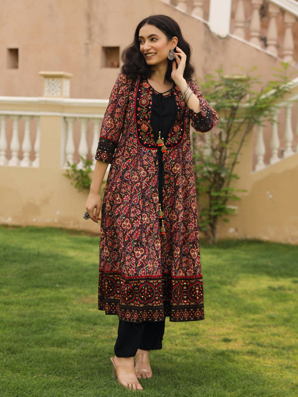 Juniper Women's The Mahautsavam Black Ethnic Motif Printed Muslin Shrug Inner & Pant Set With Thread & Mirror Work | Grocsy