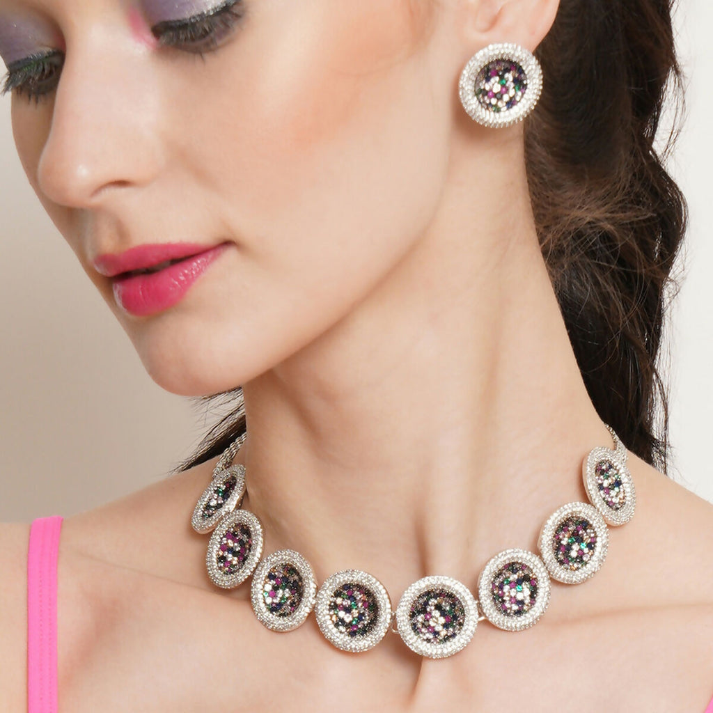 Multi Diamond and Stone Neckpiece with Studs- Ruby Raang | Grocsy