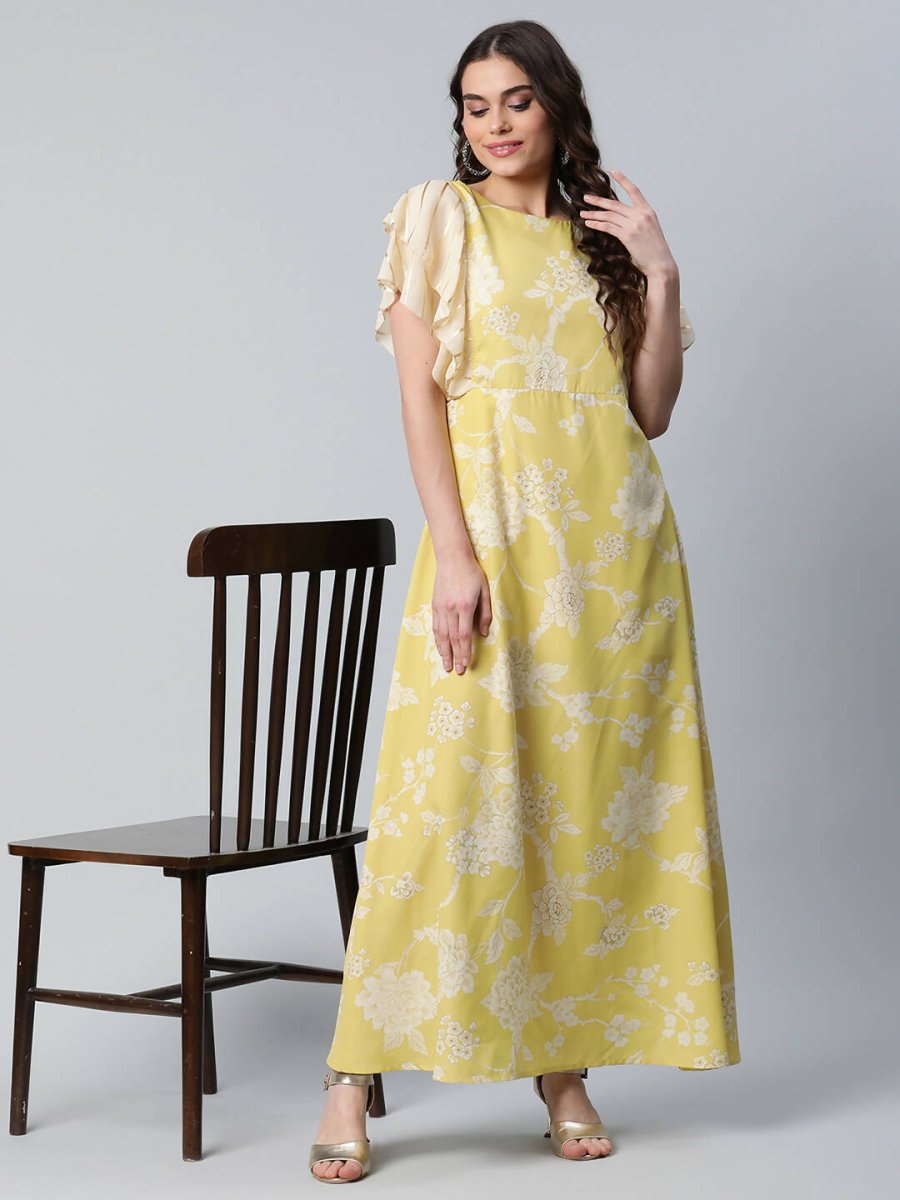 Ahalyaa Womens Lemon Yellow Crepe Floral Dress | Grocsy
