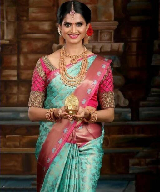 DEIANA'S Beautiful Designer Golden zari Soft Lichi Silk Saree - Sky | Grocsy