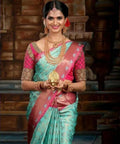 DEIANA'S Beautiful Designer Golden zari Soft Lichi Silk Saree - Sky | Grocsy