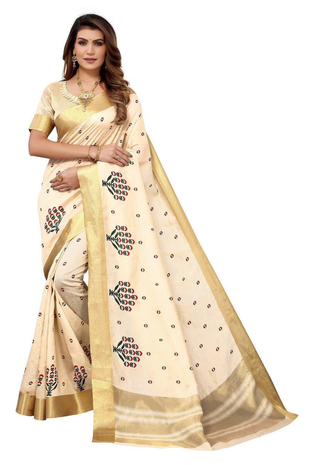 Vamika Cream Weaving Cotton Polyester Silk Saree | Grocsy
