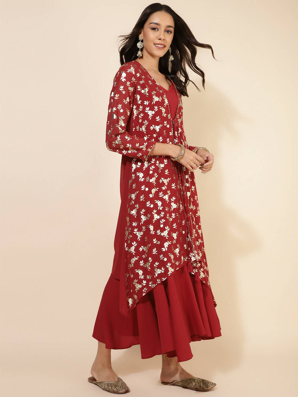 Janasya Women's Red Georgette Foil Printed Festive Flared Dress Set | Grocsy