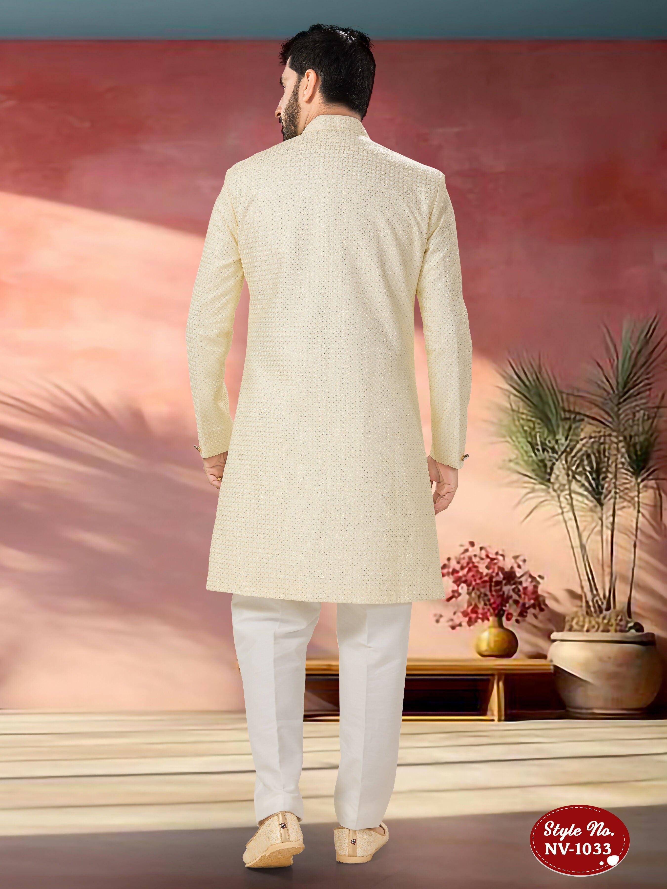 Joban Fashion Men's Cream Straight Silk Thread And Sequence Embroidary All Over Indo-Western Kurta Set | Grocsy