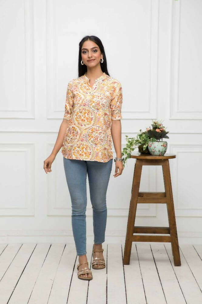 Myshka Women Mustard Floral V-Neck Regular Sleeves Viscose Rayon Top | Grocsy