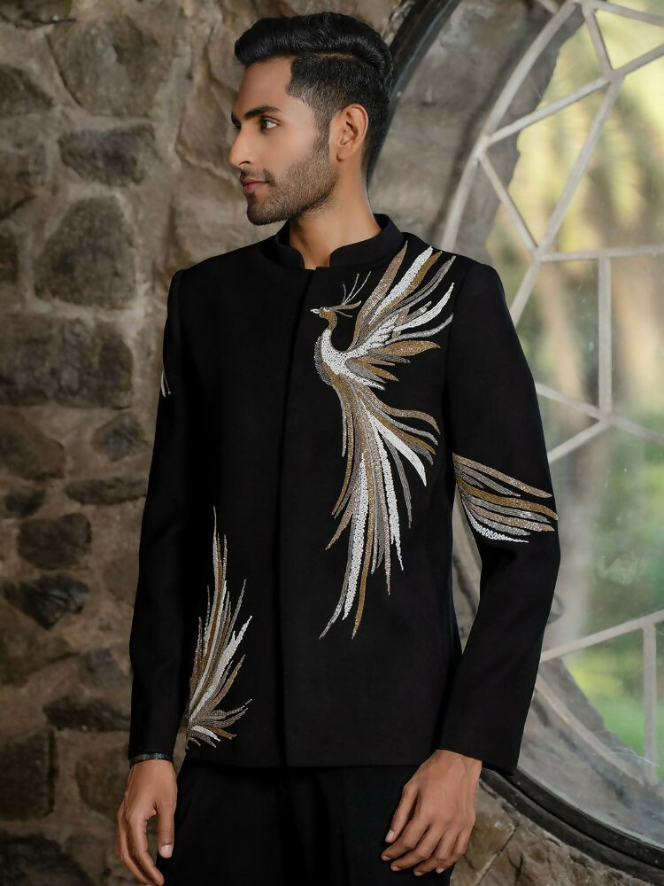 Black Bandhgala Elegance – Peacock Embroidery by Hilo Design | Grocsy