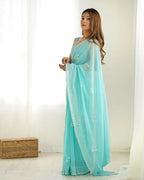 Attractive Looking Georgette Thread, Sequance Embroidery Work Party Wear Saree - Sky Blue | Grocsy