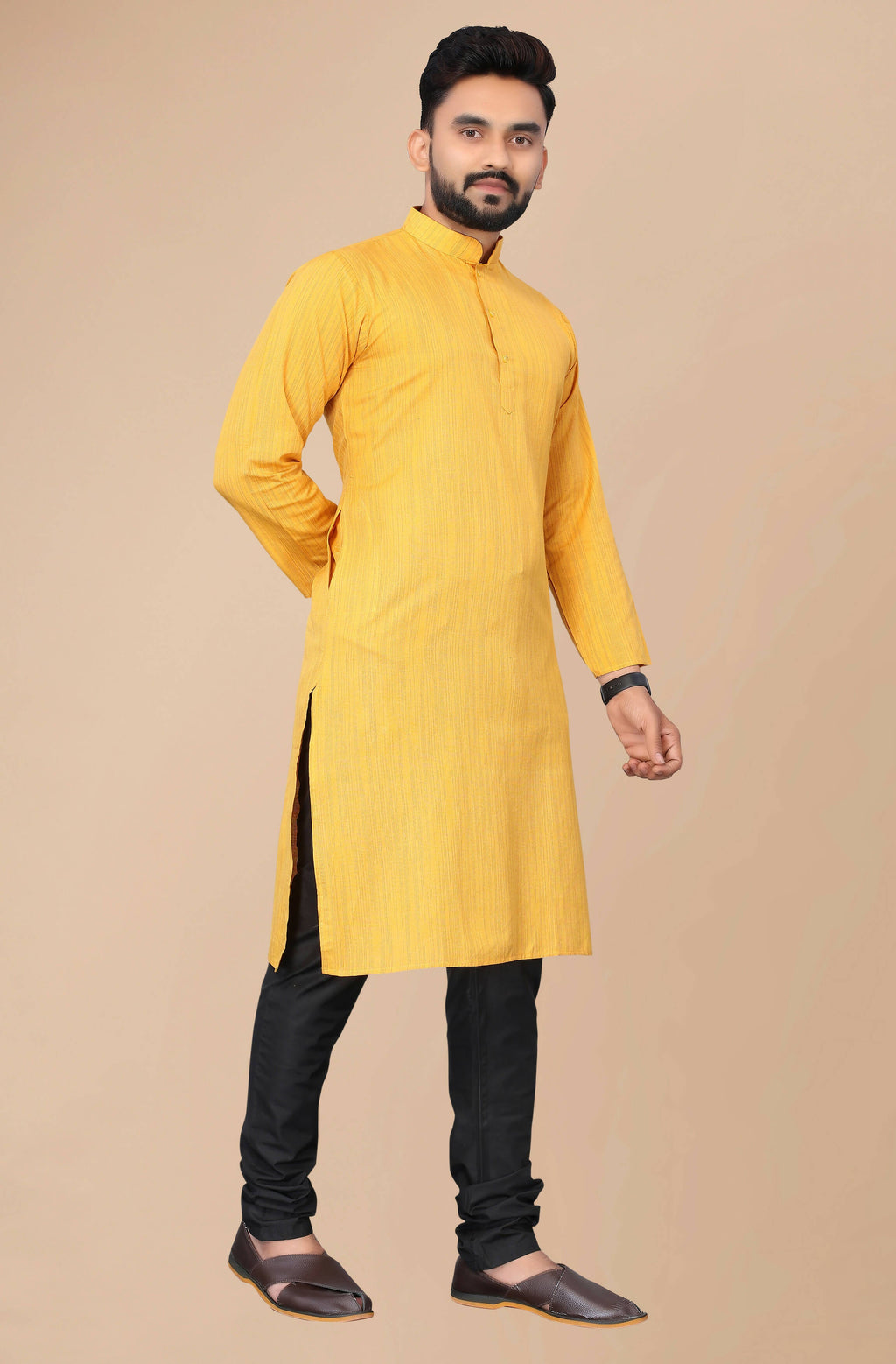 Men's Mustard Striped Cotton Kurta - Mahotsav | Grocsy