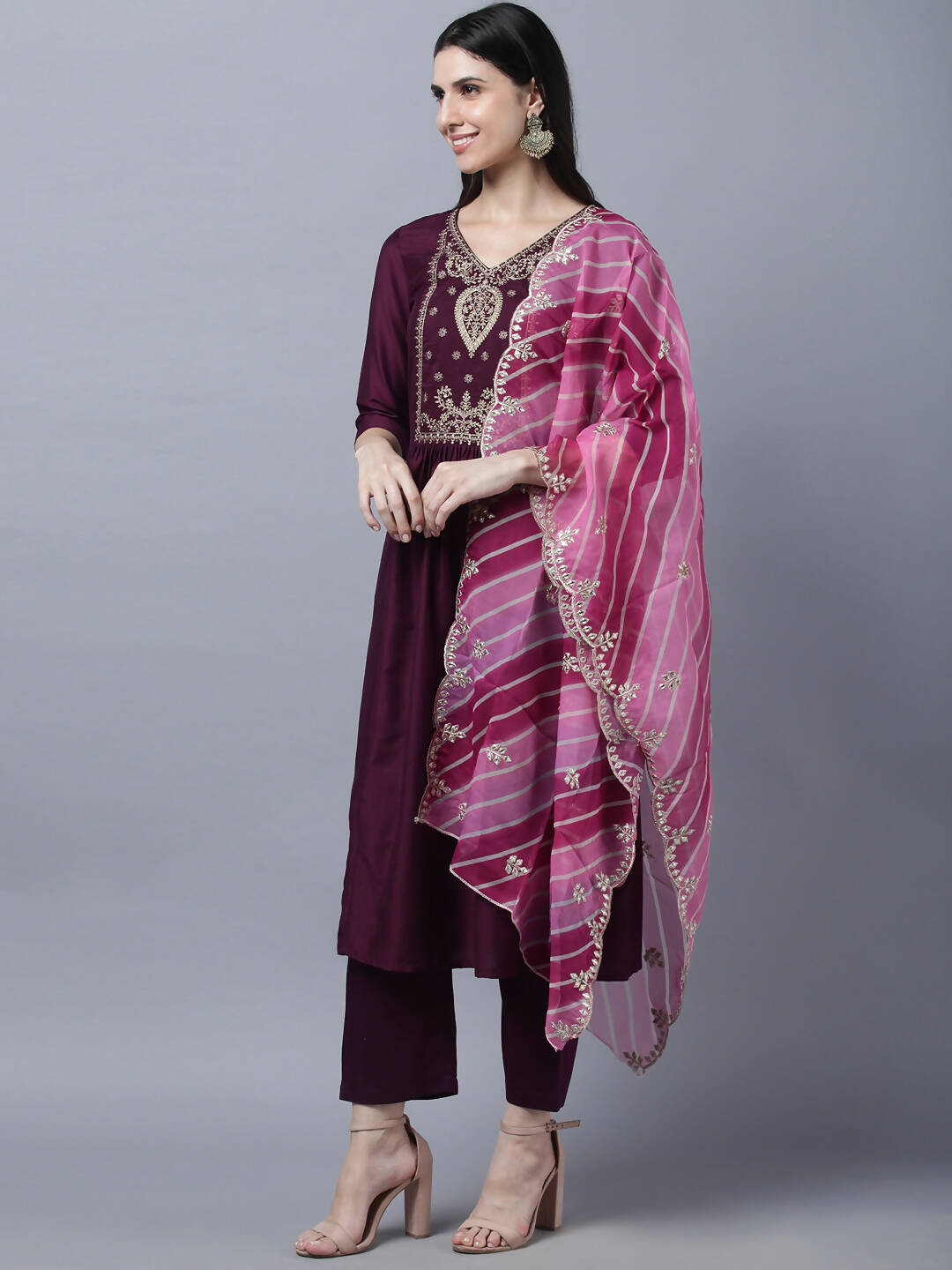 Myshka Stylish Maroon 3/4 Sleeve Women's Kurta Pant with Dupatta Set | Grocsy