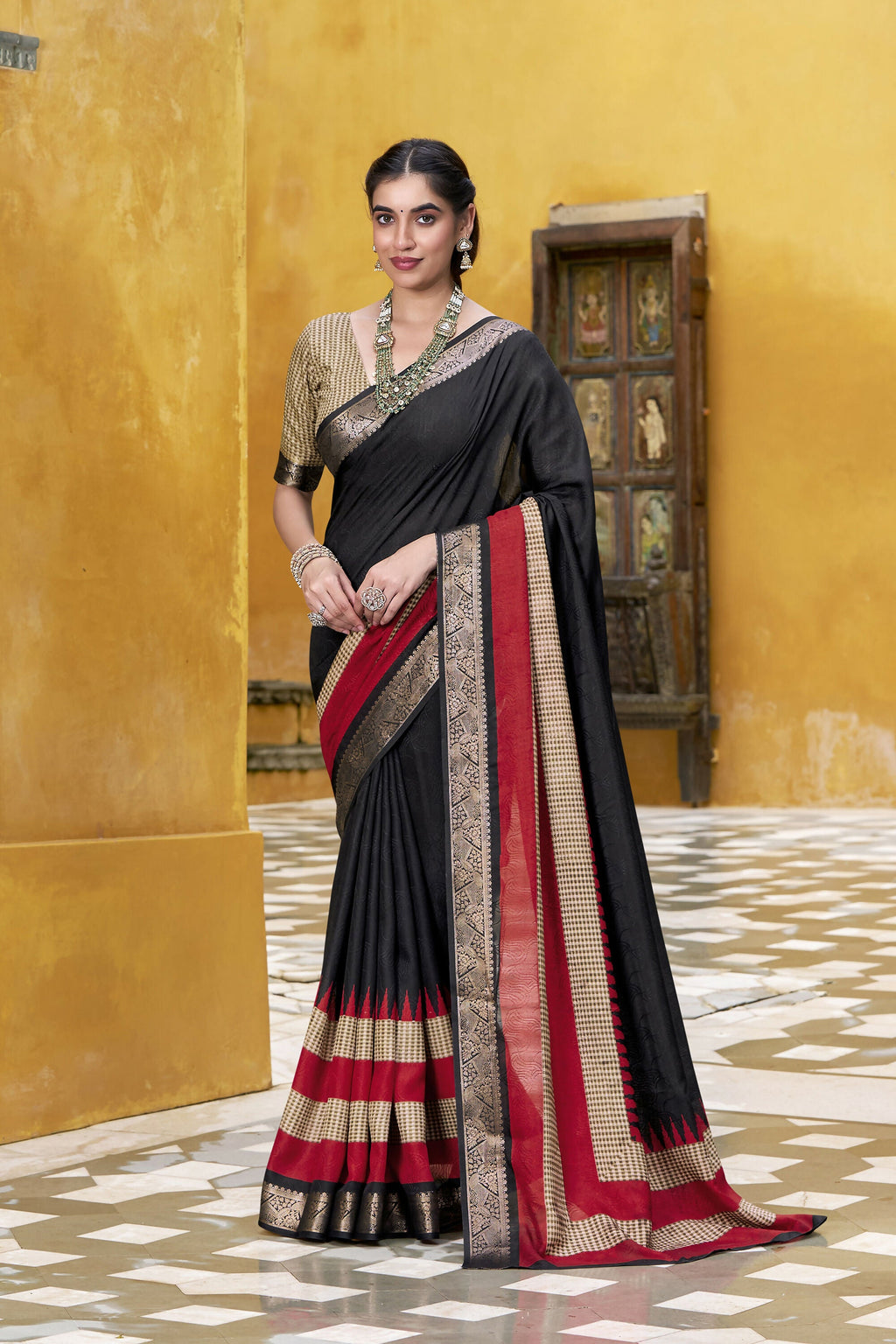 Vastranavya Black Printed with Zari Weaving Work Poly Cotton Saree & Unstitched Blouse | Grocsy