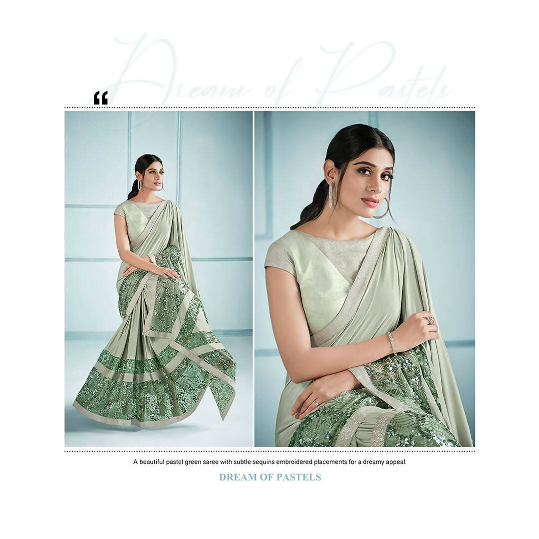 Sea Green Lycra Embroidery Saree with Unstitched Blouse Piece - Norita Elaura | Grocsy