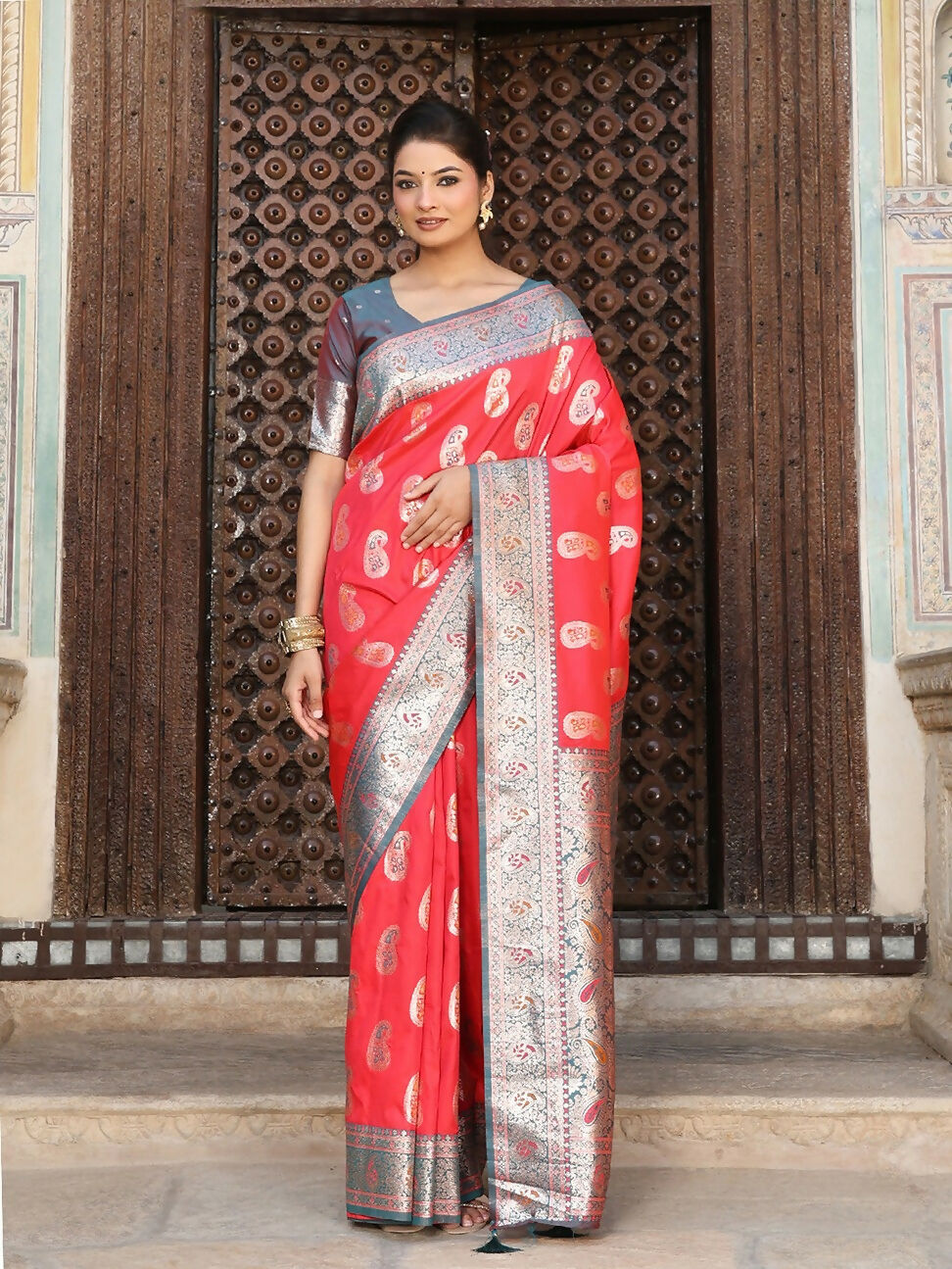 Shree Shyam Fashion Red Silk Saree | Grocsy