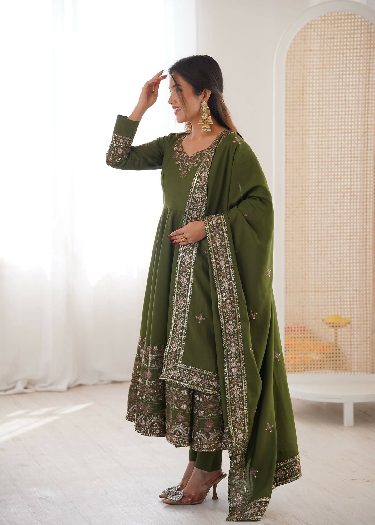 Teeya Creation Green Roman Silk Embroidery Work Party Wear Long Gown | Grocsy