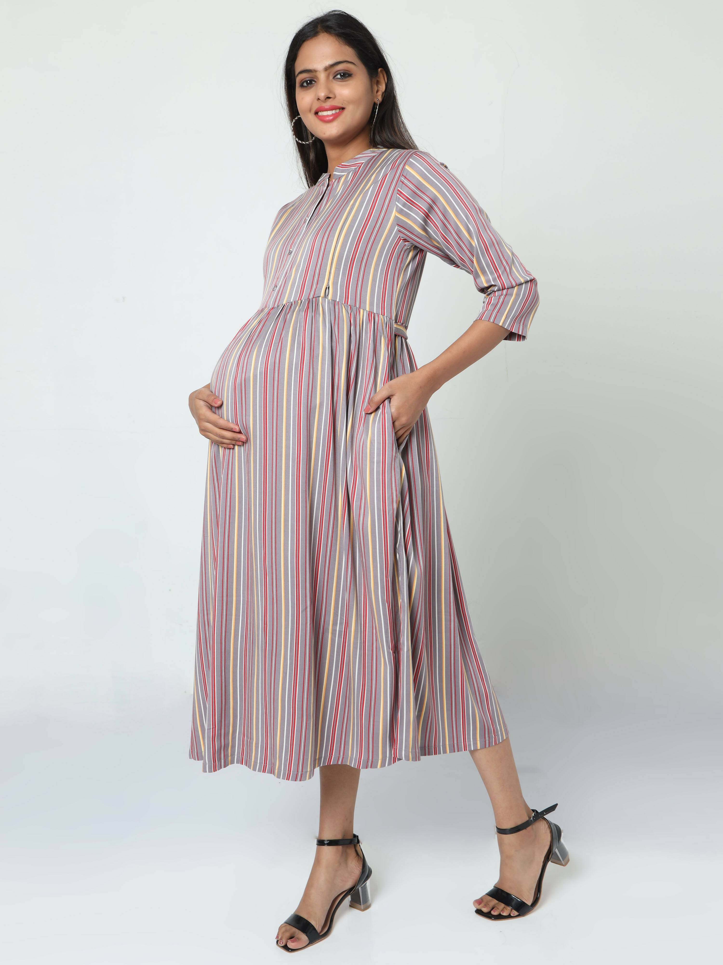 Manet Three Fourth Maternity Dress Striped With Concealed Zipper Nursing Access - Grey | Grocsy