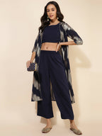 Janasya Women's Dark Blue Crepe Foil Printed Festive Crop Top Set | Grocsy