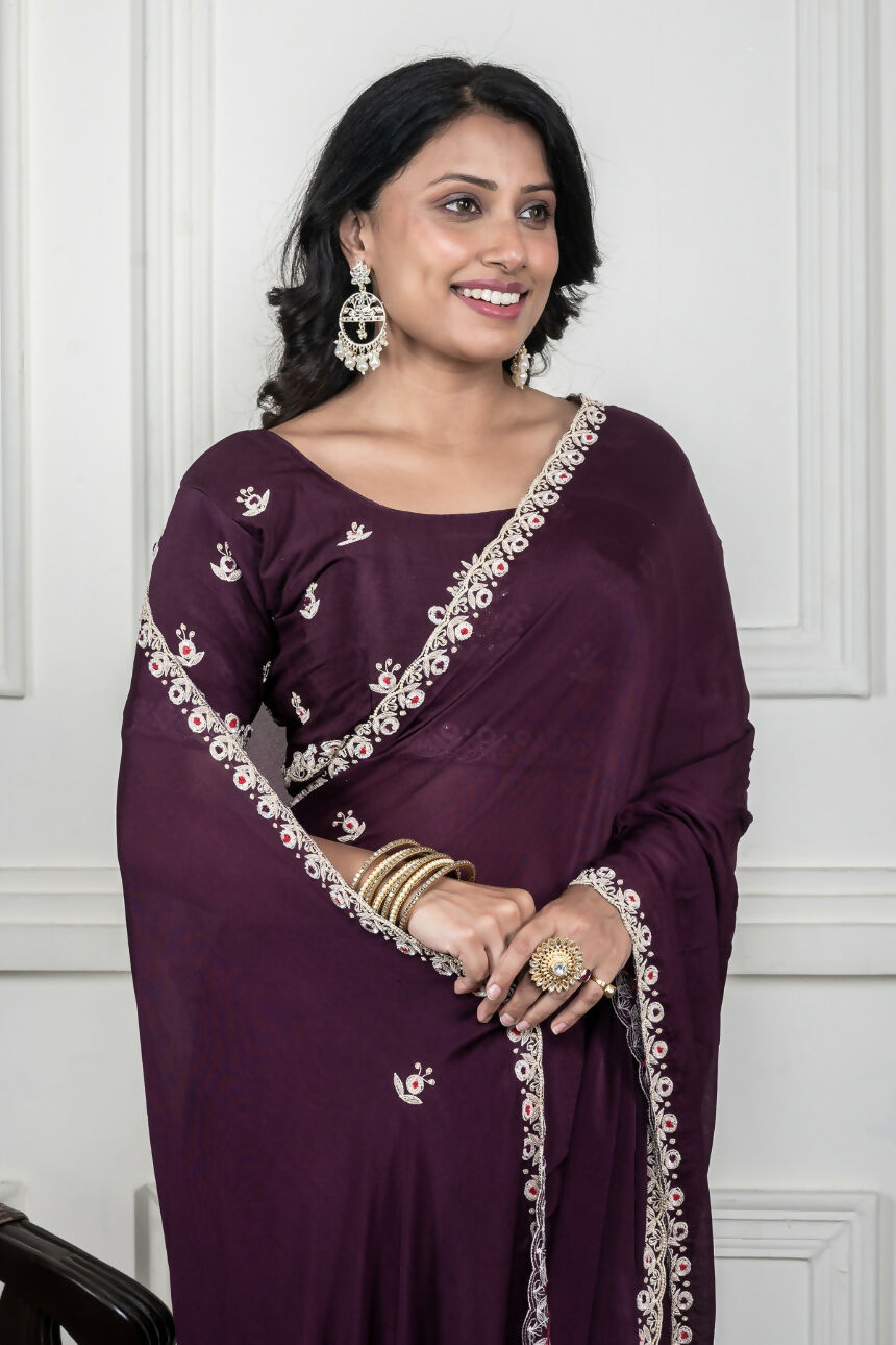 Morchari Wine Chiffon Hand Embroidery Saree And Stitched Blouse | Grocsy