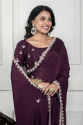 Morchari Wine Chiffon Hand Embroidery Saree And Stitched Blouse | Grocsy