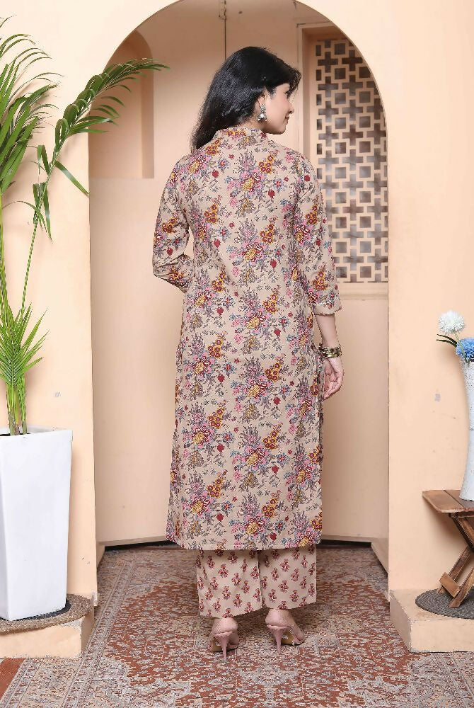 Miravan Womens Pure Cotton Straight Floral Printed Kurta With Palazzo-Multicolor | Grocsy
