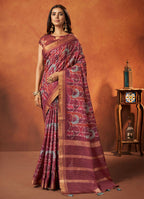 Maroon Rangkat and Crepe Silk Floral Saree With Unstitched Blouse Piece - Mohmanthan Royal Saachi | Grocsy