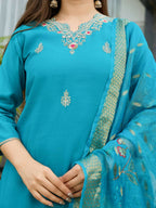 The52 Blue Women's Gorgeous Viscose Fabric Embroidered Work Straight Kurta, Pant and Dupatta Set | Grocsy
