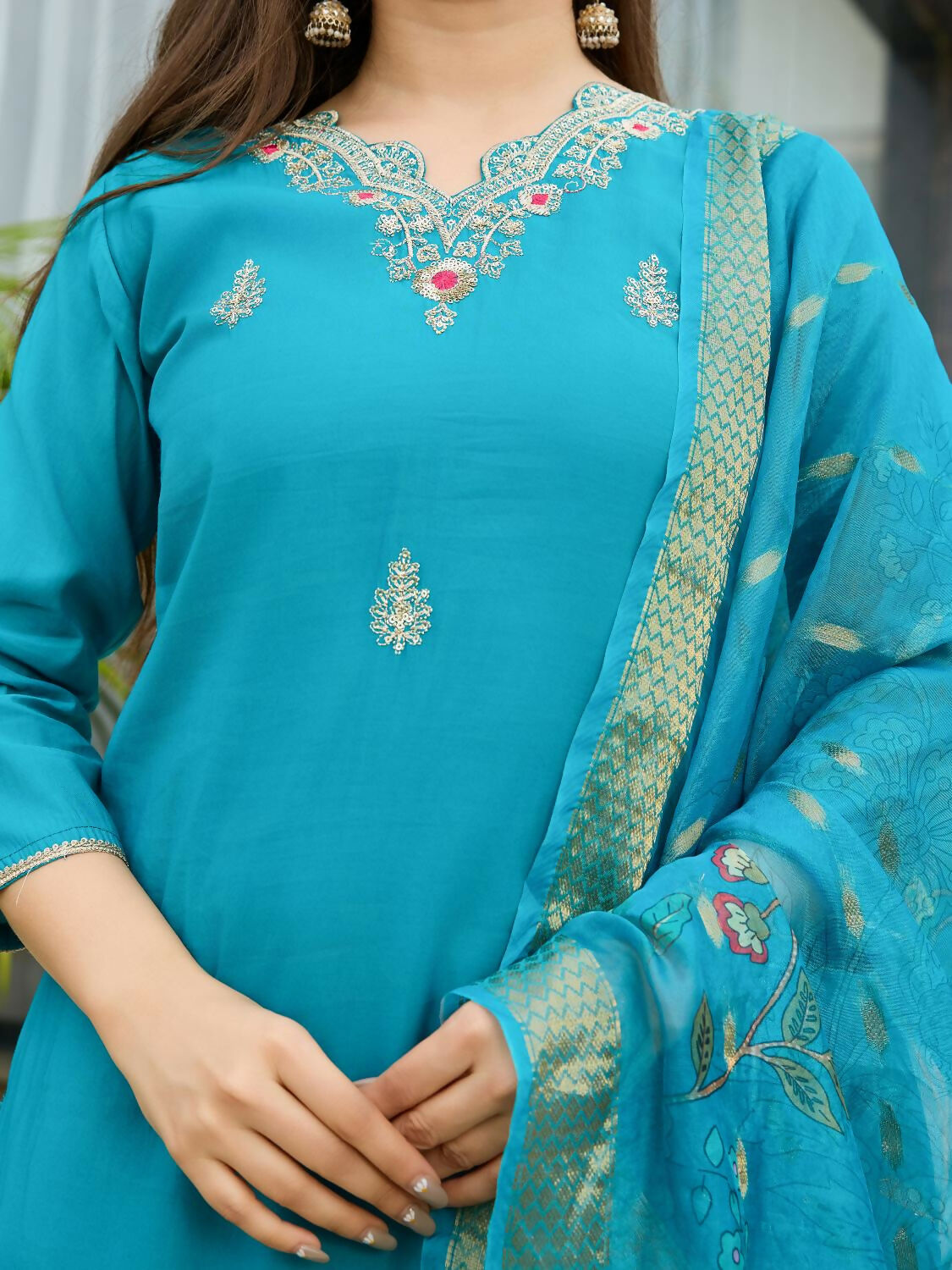 The52 Blue Women's Gorgeous Viscose Fabric Embroidered Work Straight Kurta, Pant and Dupatta Set | Grocsy