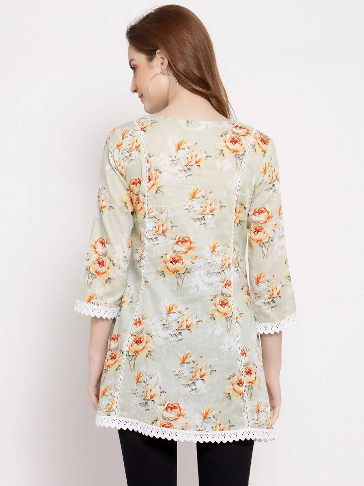 Myshka Women's Off White Cotton 3/4 Sleeve Round Neck Printed Casual Tunic | Grocsy