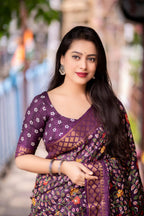 Purple Slub Silk Printed Saree with Unstitched Blouse - Hiral Fashion | Grocsy