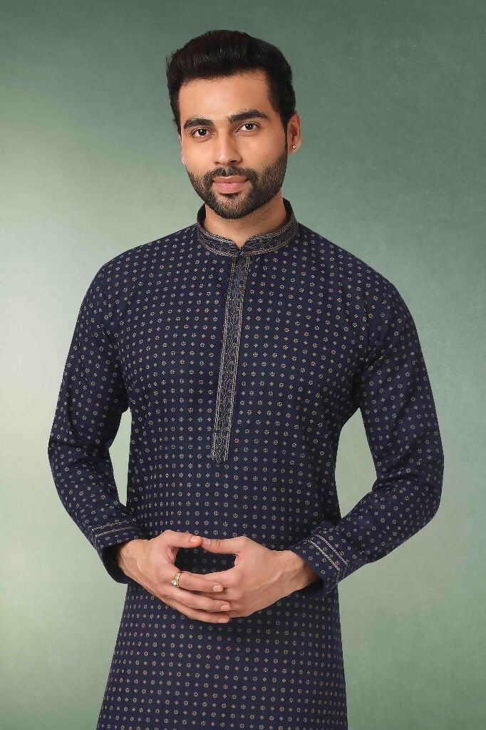 Raivat Ethnic Cotton Printed Work Kurta Pajama In Navy Blue Colour | Grocsy