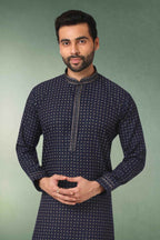 Raivat Ethnic Cotton Printed Work Kurta Pajama In Navy Blue Colour | Grocsy
