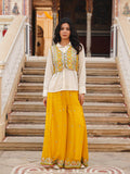Juniper Women's Mustard Thread Embroidered Georgette Shirt Jacket & Palazzo Set With Mirror Work & Sequins | Grocsy