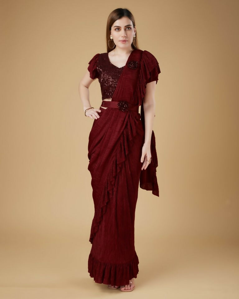 Maroon Imported Crush Solid Ready to Wear Saree with stitched Blouse - Aayan | Grocsy