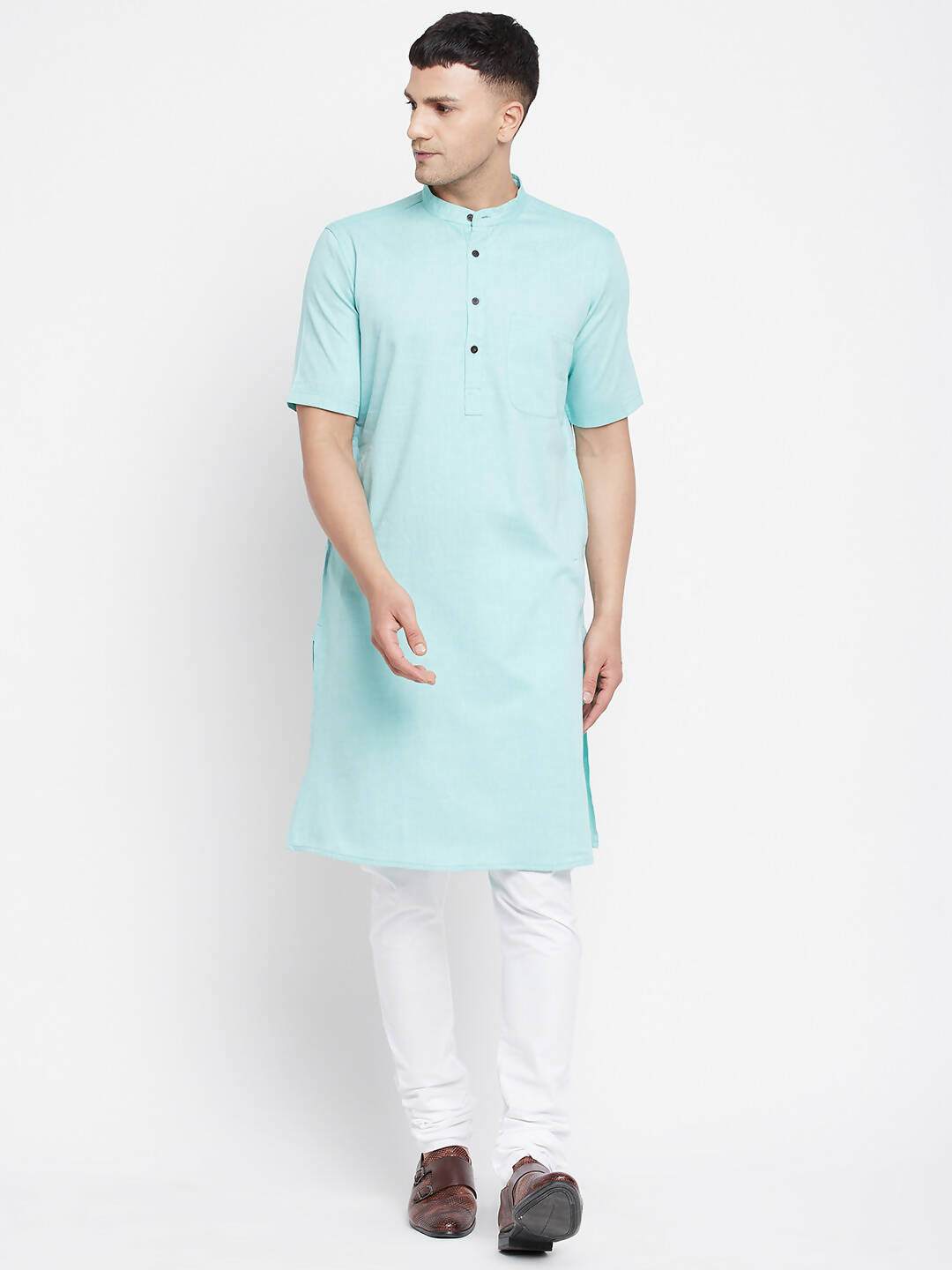 Even Apparels Green Pure Cotton Men's H/S Kurta With Band Collar | Grocsy