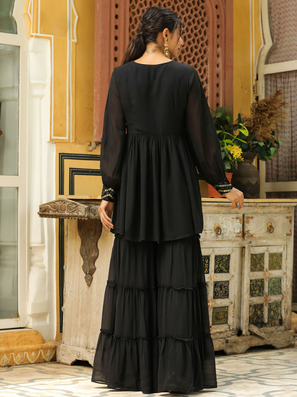 Janasya Black Georgette Sequined Tunic & Bottom | Grocsy