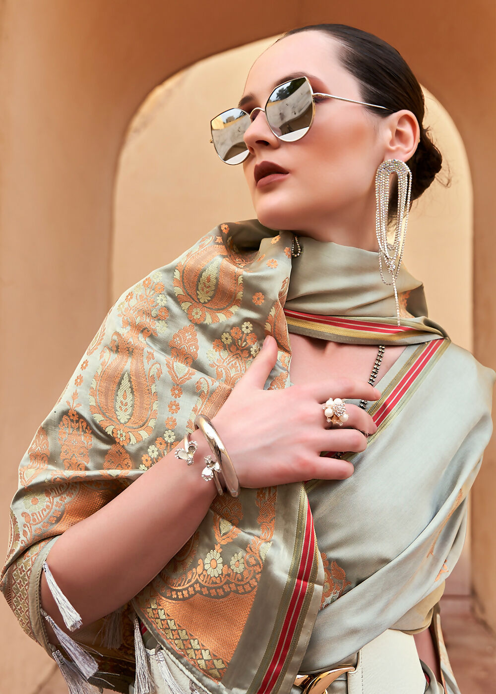 Dusty Grey Pure Satin Zari Weaving Wedding Festive Saree - Emponline | Grocsy